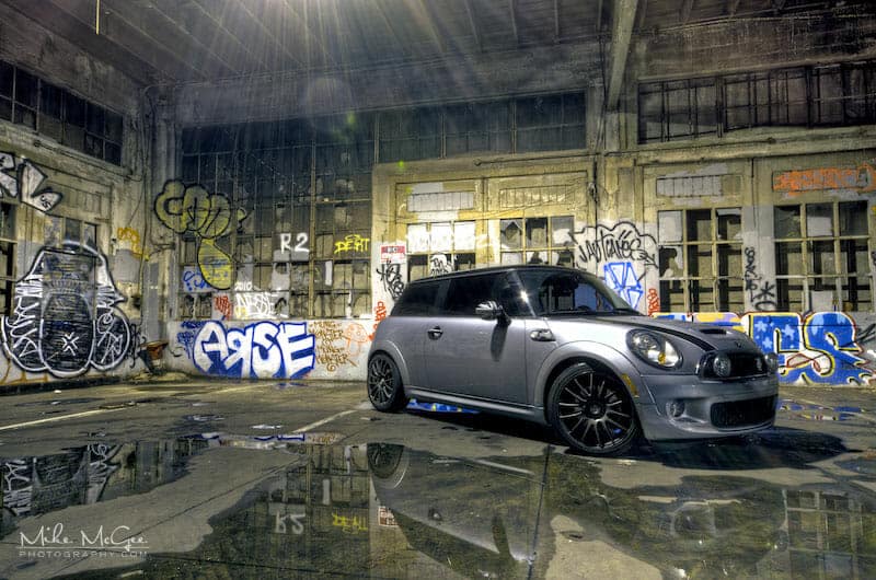 Mini Cooper S taken inside a graffiti garage