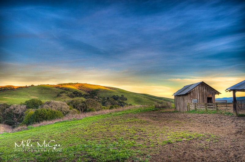 Barn in rolling hills taken at sunset in Nicasio, CA