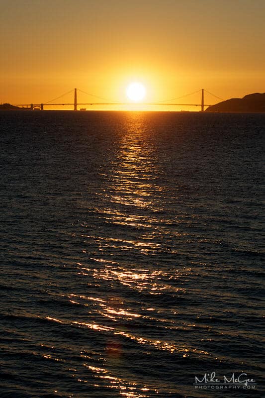 Sunset over the Golden Gate Bridge taken from the Berkeley Marina